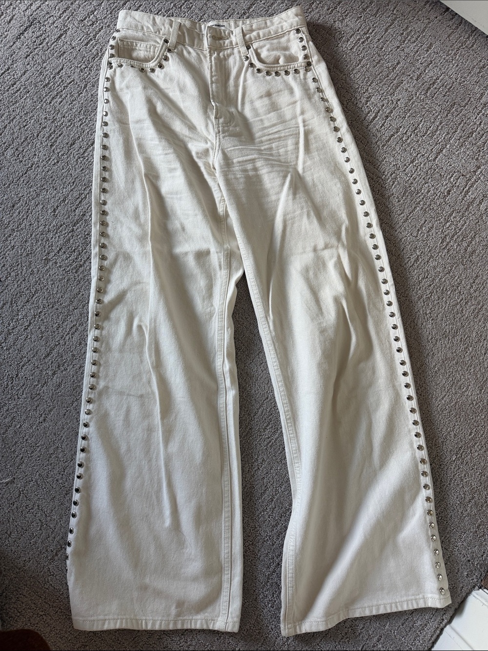 Reformation White Stud-Trim Wide Leg Jeans